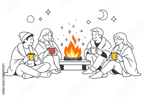 Cozy Fireside Gathering. Friends sitting around a modern fireplace with warm flames, holding mugs and wrapped in soft blankets, gentle smiles and relaxed