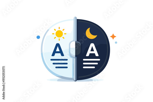 Contrast and readability controls visualized as a split screen badge with light and dark modes balanced by a central slider, communicating accessibility and