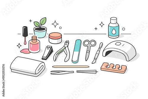 Home manicure setup. A focused scene with nail care tools laid out on a tidy surface. Calm preparation and personal routine, with clean composition and soft