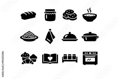 Homemade Food. Solid icon set of Homemade Food: bread loaf, jam jar, cookies, soup bowl, pasta dish, kitchen towel, food tray, casserole pan, baked goods,