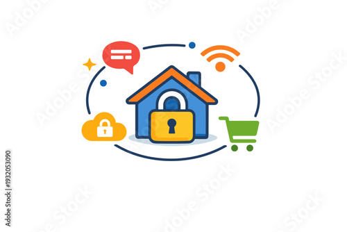 Privacy vs convenience depicted through a home icon protected by a lock while connected service symbols orbit around, conveying modern living shaped by trust