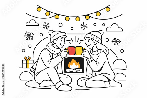 Winter Evening Celebration. Couple clinking cups near a fireplace, soft light from string lights hanging above, abstract snowflakes gently floating around.