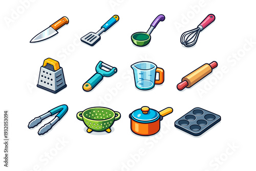 KitchenTools. Colorful isometric vector icons set of kitchen tools: chef knife, spatula, ladle, whisk, grater, peeler, measuring cup, rolling pin, tongs,