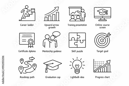 Career Development. Line icon set of Career Development: career ladder, upward arrow growth, training presentation, online course screen, certificate diploma,