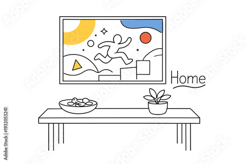 Minimalist Interior Accent. A modern console table with a bowl for keys and coins, small plant and abstract wall art above, balanced composition with clean