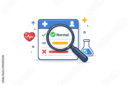 Medical diagnostics illustrating accurate health assessment with a magnifying glass highlighting a simple test result card, conveying clarity, trust, and