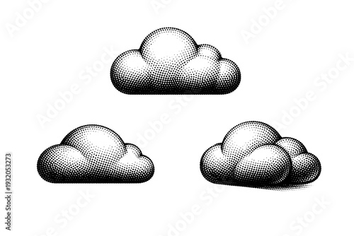 Halftone dotted icon pack cloud symbol A cloud symbol is represented as a single object displayed from three different views: front view, side view, and