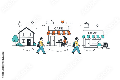 -minute city concept. A person walking between home, cafe, and small shops within a compact neighborhood. Calm everyday movement and human-scale urban life.