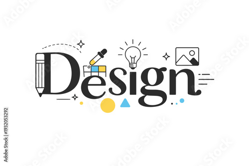 Decorative typography. Minimal icons and abstract shapes interacting with stylized letters, suggesting design, branding, and visual identity. Calm creative