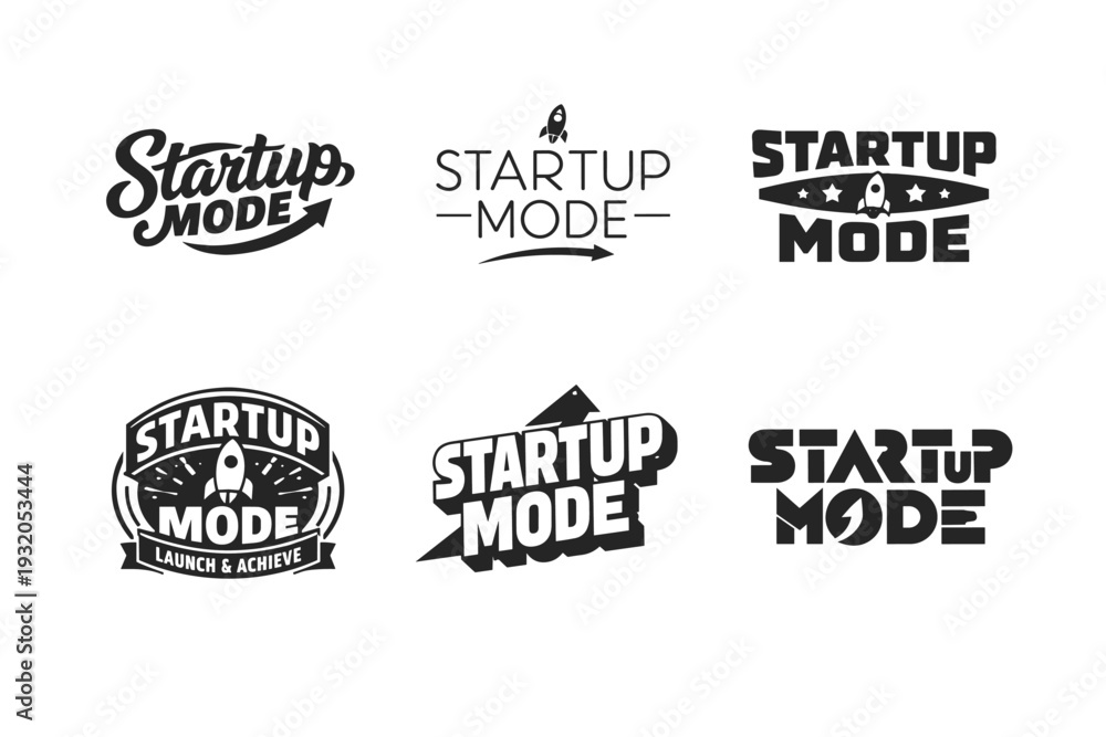 Fototapeta premium Startup Mode. Set lettering. harmonious lettering variations of the same emblematic concept, each with different artistic interpretation (Bold hand-lettering