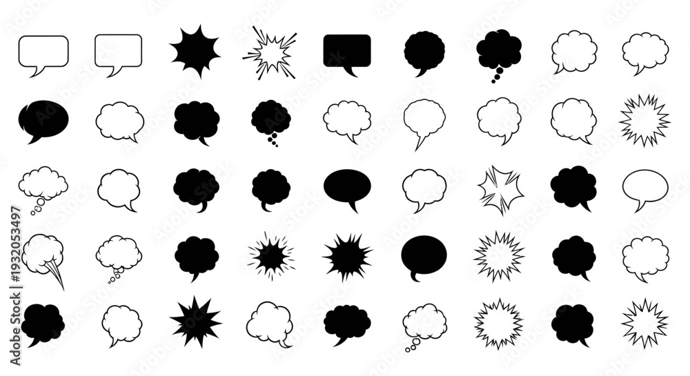Fototapeta premium a large collection of diverse speech thought and comic bubbles in various black and white styles ideal for graphic design and communication projects.