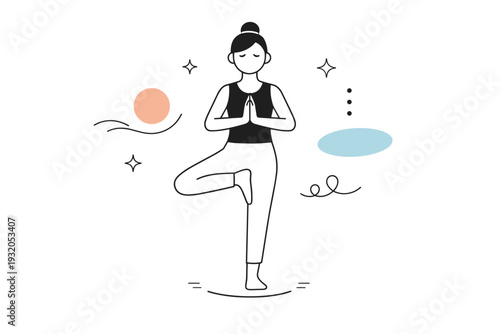 Yoga minimal poses. A calm editorial scene with a person holding a simple standing yoga pose, body reduced to clean geometric shapes. Balance, focus, and inner