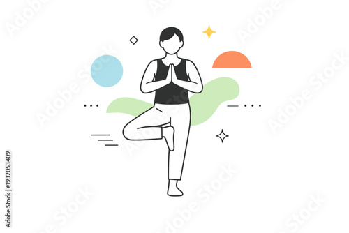 Yoga minimal poses. A calm editorial scene with a person holding a simple standing yoga pose, body reduced to clean geometric shapes. Balance, focus, and inner