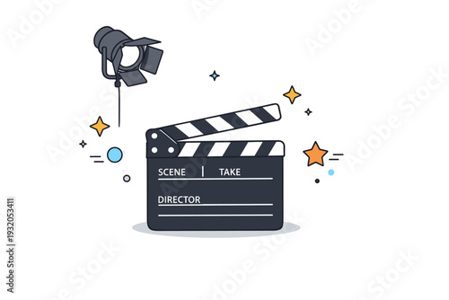 Clapperboard and spotlight concept. A film clapperboard placed under a soft studio spotlight, gentle rays and star icons emphasizing cinematic atmosphere. The