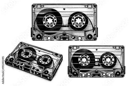 Cassette Tape ? transparent shell cassette. A cassette tape with visible internal spools and mechanisms through a clear shell, depicted as one consistent