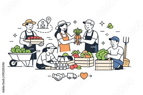 Local food production. Farmers and small producers working together with fresh products, crates, and simple tools, showing short supply chains and trust.