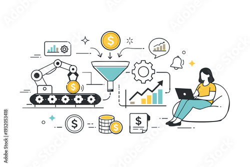 Automated earnings concept. Editorial-style scene showing abstract systems working quietly in the background, with income symbols appearing effortlessly. The