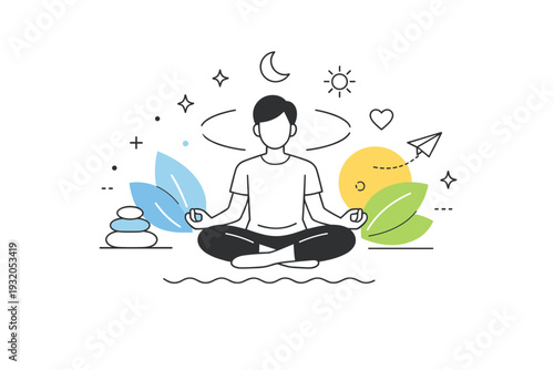 Meditation and balance. A meditating figure surrounded by abstract shapes symbolizing harmony and mental clarity. The scene feels light, modern, and