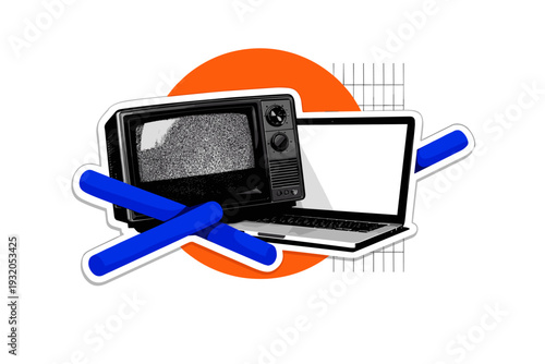 Black and white close-up of overlapping screens ? old TV frame partially covering a sleek laptop display, bright orange circular spotlight highlighting the
