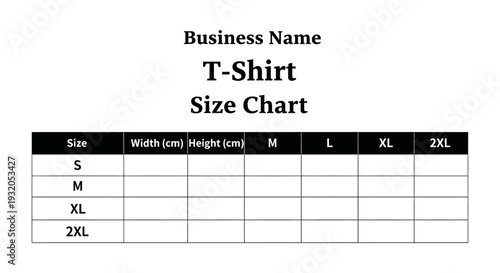 t-shirt size chart template displaying standard measurements for clothing an essential tool for apparel brands and product listings.