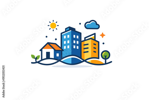 Urban resilience reflecting a city?s ability to adapt and recover through a compact scene of sturdy buildings connected by flexible lines and small growth