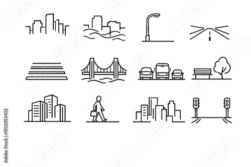 Foggy City Morning. Line icon set of Foggy City Morning: city skyline fade, fog between buildings, streetlight glow outline, empty street, crosswalk lines,