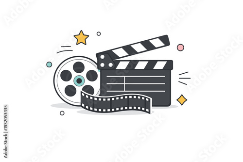 Clapperboard with film reel elements. A clapperboard paired with a simplified film reel and strip, arranged in a balanced editorial composition with light