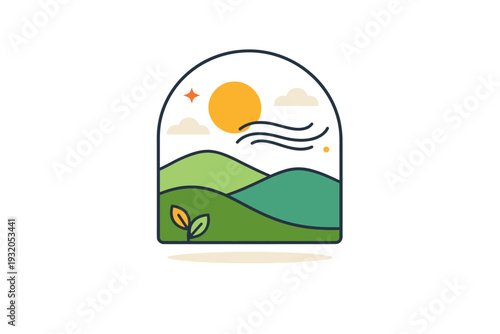 Wellness retreat vibes inspired by nature connection shown through a minimal landscape window with hills, sun, and gentle breeze lines, expressing grounding