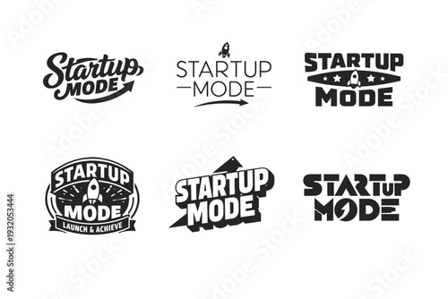 Startup Mode. Set lettering. harmonious lettering variations of the same emblematic concept, each with different artistic interpretation (Bold hand-lettering
