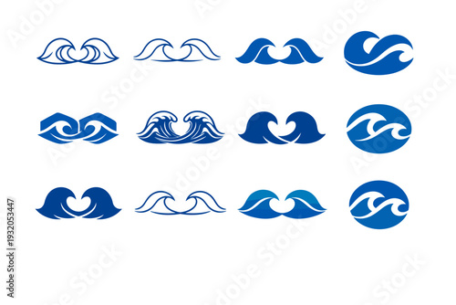 Ocean waves. Icon set. Set Logo of Ocean waves: twin waves symmetry. harmonious logo variations of the same emblematic concept, each with different artistic