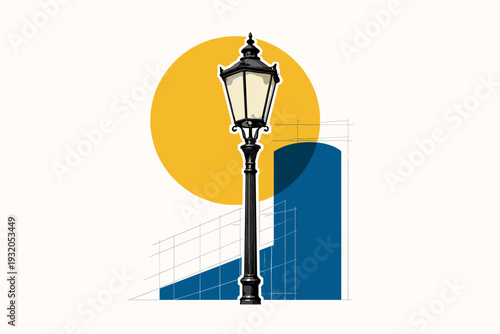 Black and white street lamp in retro style as main object, oversized mustard circle behind it symbolizing city light, deep blue cylindrical form and geometric