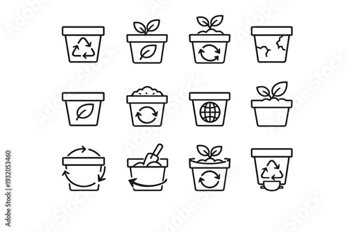 Recycled flower pot. Line icon set of recycled flower pot: recycle symbol pot, eco plant container, sustainable planter, reused clay pot, green gardening pot,