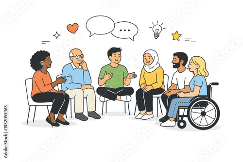 Inclusive community dialogue. Diverse people sharing ideas in a relaxed discussion circle, emphasizing listening and empathy. Open communication, emotional