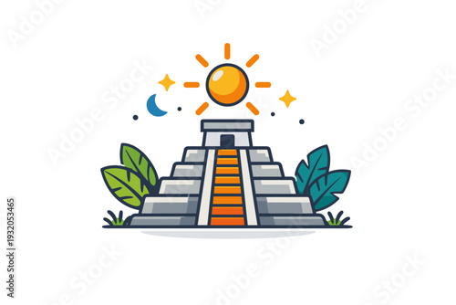 Mayan pyramid monument expressing mystery and ancient astronomy A stepped pyramid with a small staircase detail and stylized sun positioned above, joined by