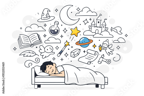 Night Imagination Flow. A sleeping figure on a simple bed while magical symbols, books, and tiny glowing creatures rise above like a dream projection. Soft