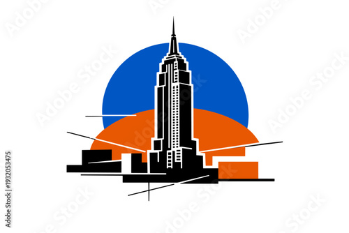 Black and white high-rise building silhouette as the central object, cut-out effect with thin white outline, layered over oversized cobalt blue circle and