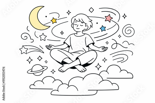 Dream Magic. A floating character drifting above soft clouds, glowing moon and tiny stars orbiting gently, eyes closed in peaceful imagination. Sparkling