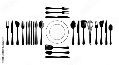 black silhouettes of various kitchen utensils and dining cutlery set around a plate for culinary concepts.
