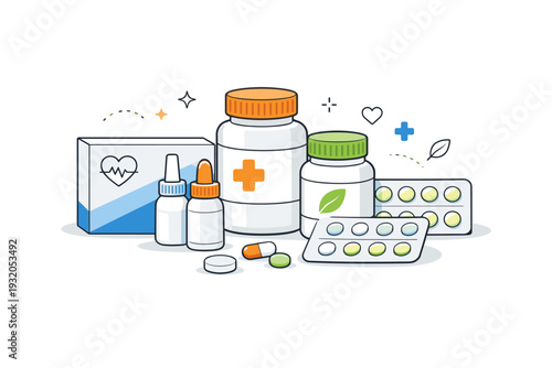 Pharmacy essentials. Basic medicine boxes, pill bottles, and blister packs neatly arranged on a clean surface, calm and trustworthy healthcare mood. Organized