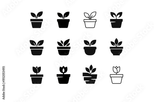 Flower Pot. Icon set. Set Logo of Flower Pot: minimalist plant pot. harmonious logo variations of the same emblematic concept, each with different artistic