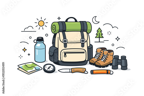 Outdoor hiking gear essentials. A calm editorial scene with a backpack, water bottle, and simple hiking tools arranged neatly, expressing readiness and