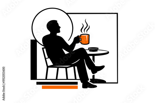 Comic coffee break daily life, black and white human silhouette sitting at a small table holding a coffee cup, relaxed posture, bold orange mug as focal point,