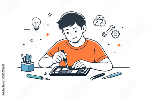 Right to repair. A person carefully opening a device with simple tools, focusing on calm independent repair instead of replacement. The scene shows confidence,