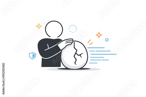 Controlled exposure to risk. Simplified figure shielding part of a fragile object while exposing another part to motion lines. Visualizing selective and