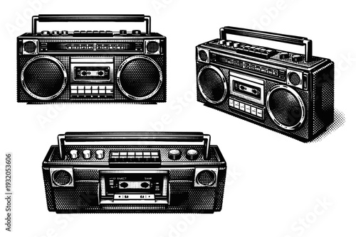Cassette player ? boombox-style cassette deck with integrated speaker grille and top handle. Black and white dot style with halftone texture and high contrast.