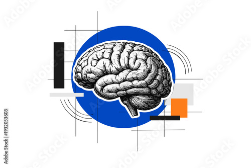 Black and white realistic human brain illustration centered, detailed anatomical texture, bold cobalt blue circular backdrop partially cropped, thin