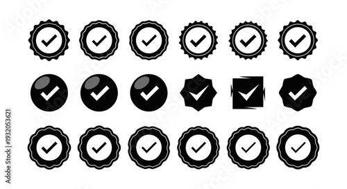 various checkmark icons and verification symbols essential graphic elements for uiux design representing approval completion and success on white background.