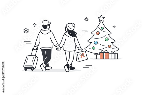 Holiday travel together. Couple walking hand in hand with small luggage and a gift bag, heading toward a stylized Christmas tree or festive decoration,