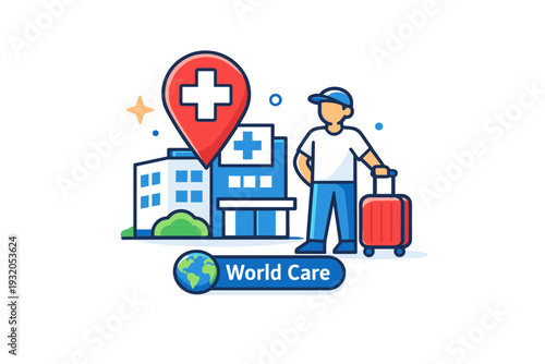 Medical tourism abroad patient with suitcase standing beside a hospital building combined with a location pin and medical cross, expressing trust in