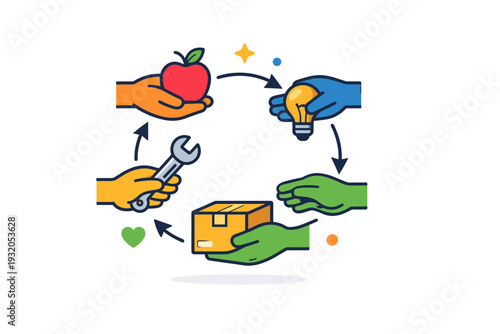 Community sharing economy focused on cooperation and efficiency with a visual metaphor of multiple hands or nodes exchanging items in a circular flow that